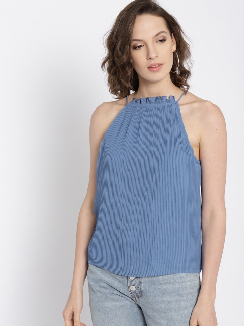 

MANGO Women Blue Solid Pleated Top