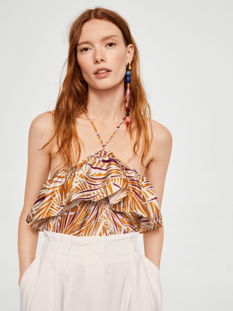 

MANGO Women Off-White & Mustard Yellow Printed Top