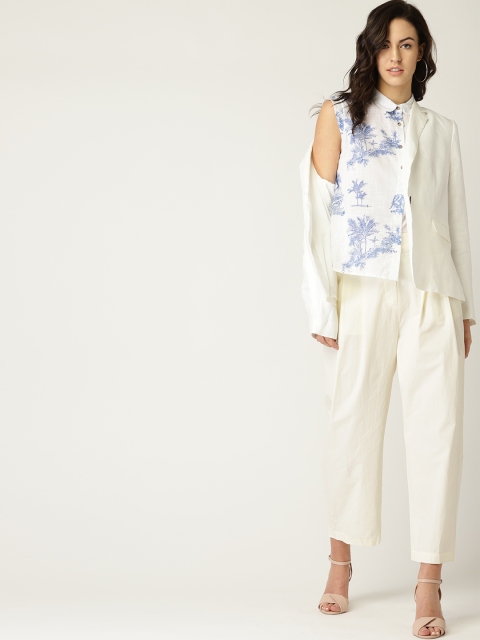 

MANGO Women White & Blue Regular Fit Printed Casual Shirt