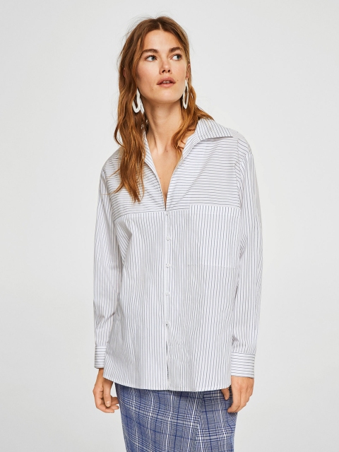 

MANGO Women White & Blue Regular Fit Striped Casual Shirt
