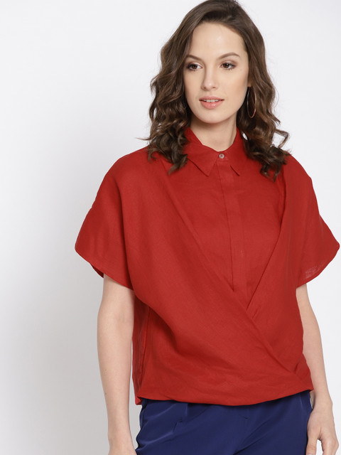 

MANGO Women Red Solid Linen Shirt Style Top