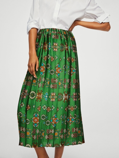 

MANGO Green Printed Pleated Midi A-Line Skirt