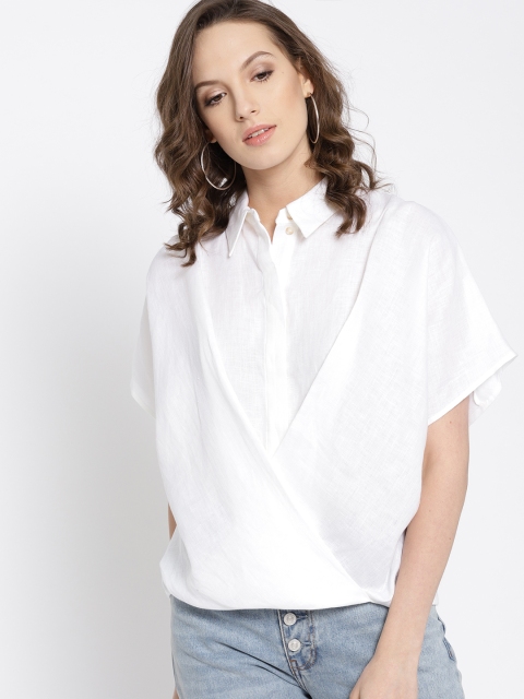 

MANGO Women White Solid Linen Shirt Style Top