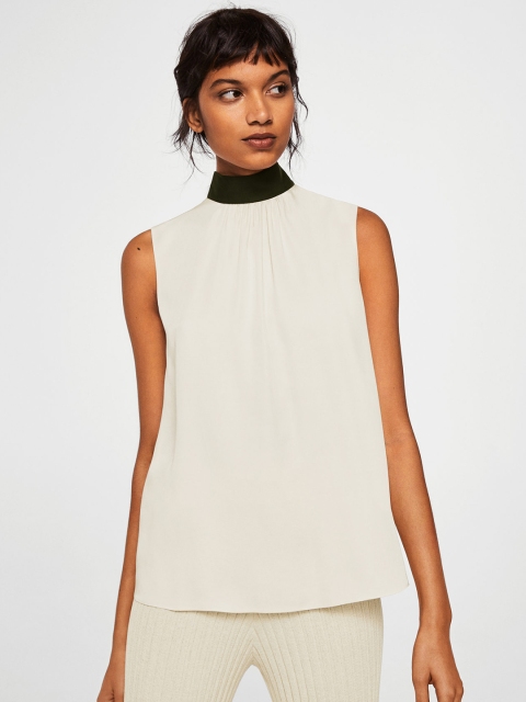 

MANGO Women Off-White Solid A-Line Top