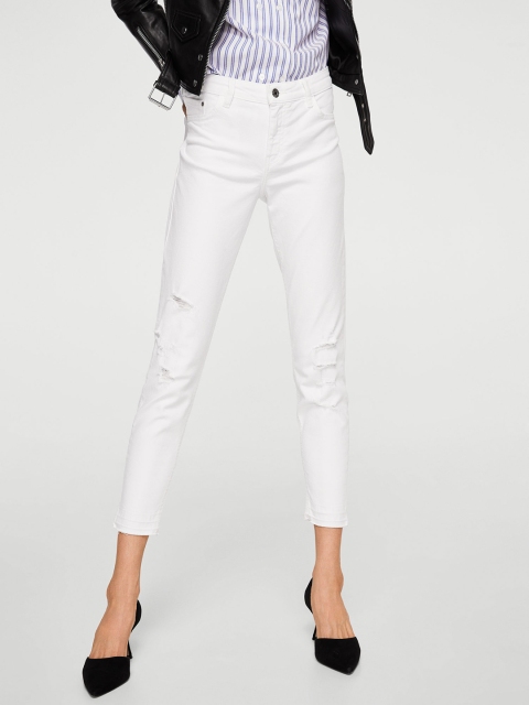 

MANGO Women White Skinny Fit Mid-Rise Low Distress Stretchable Cropped Jeans
