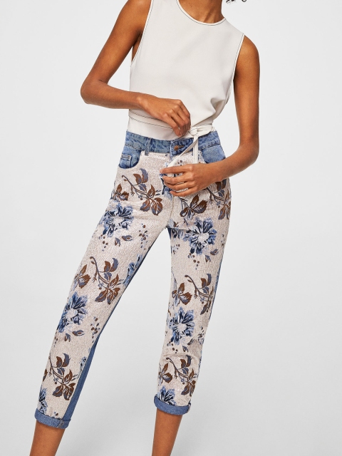 

MANGO Women Blue & Beige Woven Design Regular Fit Jeans
