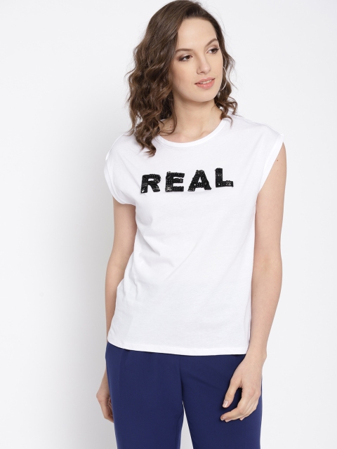 

MANGO Women White Embellished Round Neck T-shirt