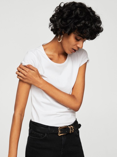 

MANGO Women White Solid Round Neck T-shirt