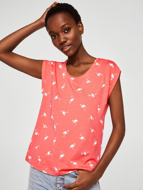 

MANGO Women Coral Pink Printed Round Neck T-shirt