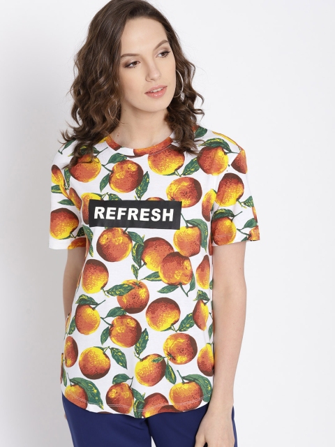 

MANGO Women White & Orange Printed Round Neck T-shirt
