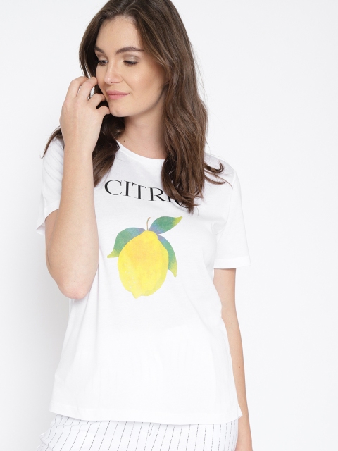 

MANGO Women White Printed Round Neck T-shirt