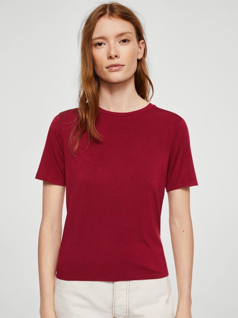 

MANGO Women Maroon Solid Round Neck T-shirt