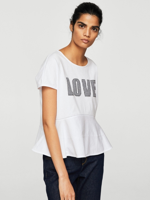 

MANGO Women White Applique A-Line Top