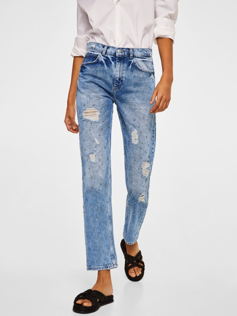 

MANGO Women Blue Straight Embellished Mid-Rise Mildly Distressed Crop Stretchable Jeans