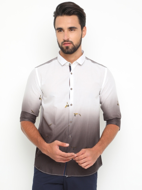 

WITH Men White & Brown Slim Fit Faded Casual Shirt