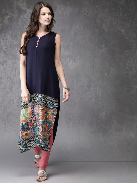 

Anouk Women Navy Blue & Pink Printed Kurta with Churidar