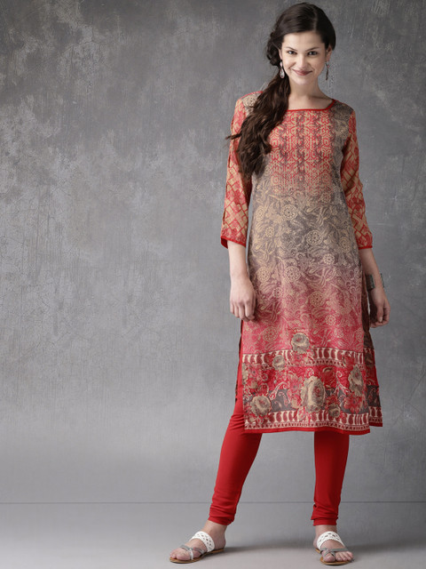 

Anouk Women Grey & Red Printed Kurta with Churidar