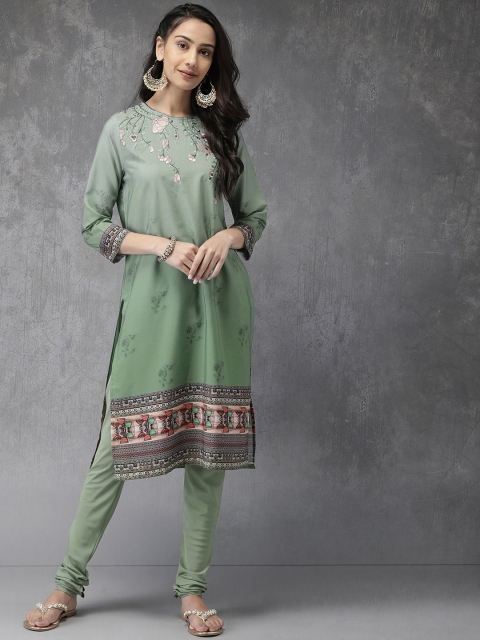 

Anouk Women Green Printed Kurta with Churidar