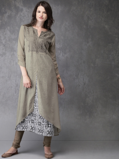 

Anouk Women Grey Embroidered Kurta with Churidar