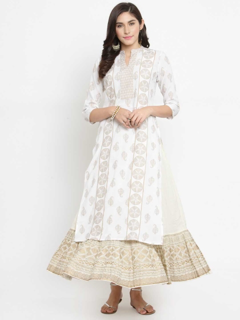 

Varanga Women White Printed Kurta with Skirt