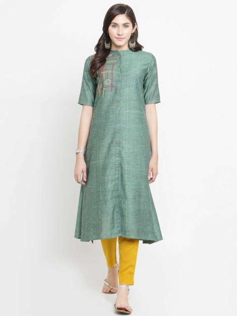 

Varanga Women Green & Mustard-Coloured Self Design Kurta with Trousers