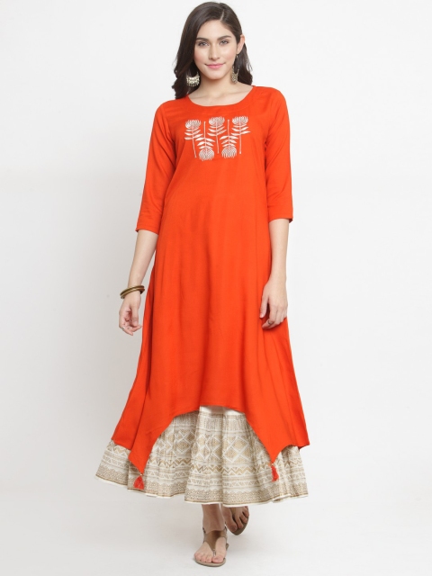 

Varanga Women Orange Embroidered Kurta with Skirt