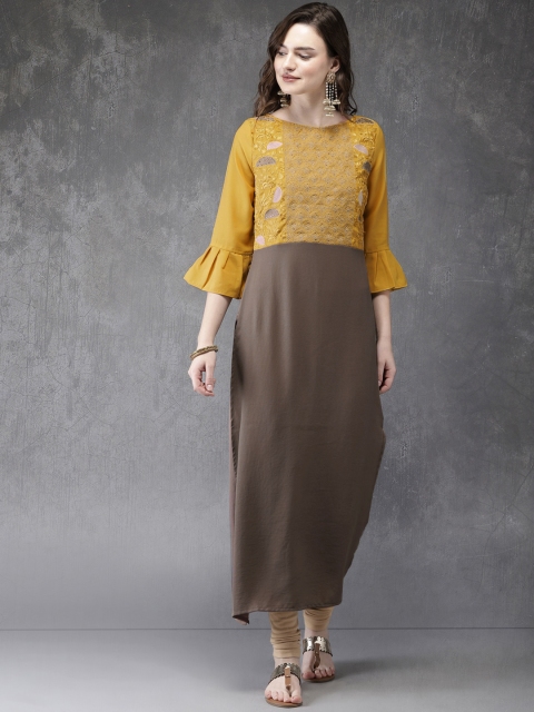 

Anouk Women Yellow & Brown Embellished Straight Kurta