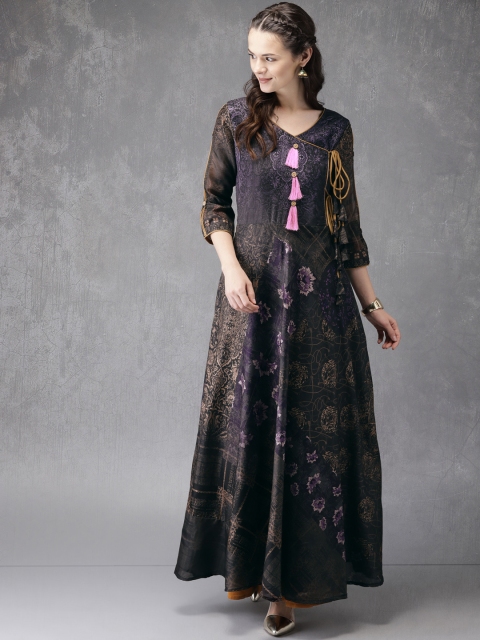 

Anouk Women Black & Purple Printed A-Line Angrakha Kurta