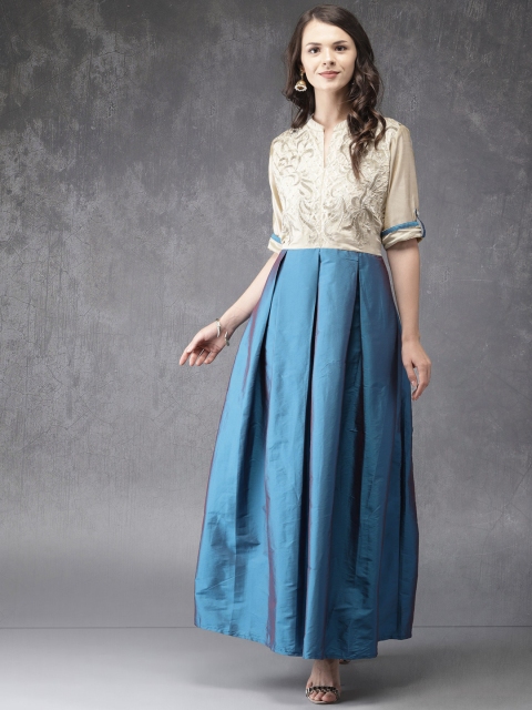 

Anouk Women Beige & Teal Blue Embroidered A-Line Kurta