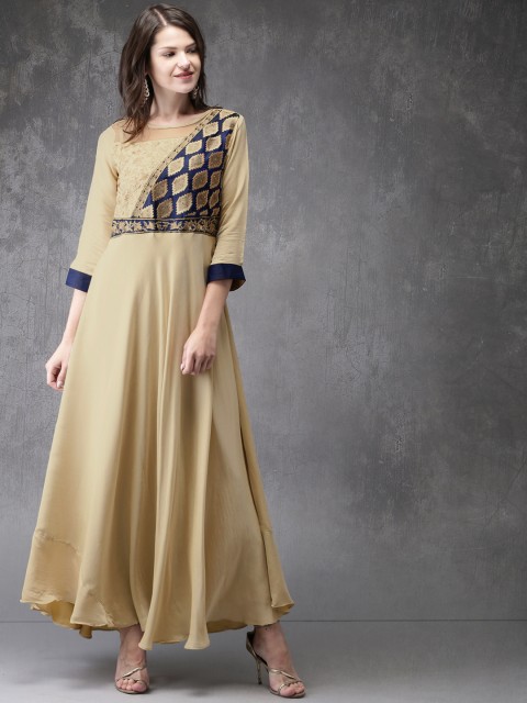

Anouk Women Beige & Navy Blue Embroidered Anarkali Kurta