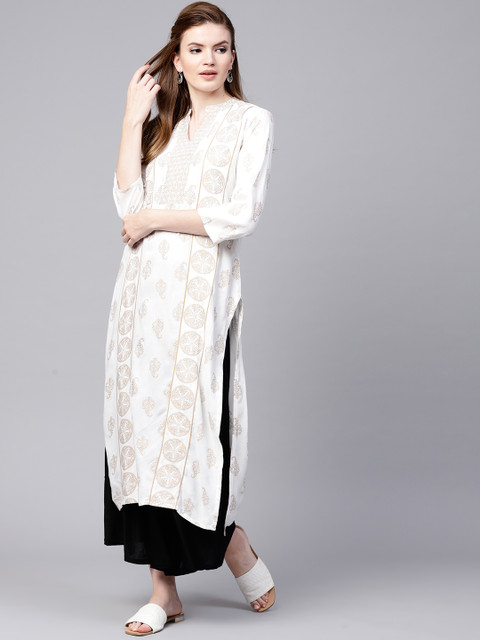 

Varanga Women Off-White & Golden Printed Straight Kurta
