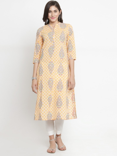 

Varanga Women Yellow & Peach-Coloured Screen Print Straight Kurta