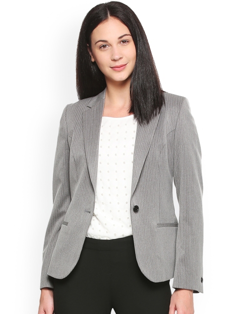 

Van Heusen Woman Grey Striped Single Breasted Formal Blazer