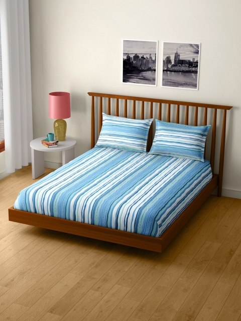 

CORE Designed by SPACES Blue & Off-White Striped Flat 104 TC Cotton 1 Queen Bedsheet with 2 Pillow Covers