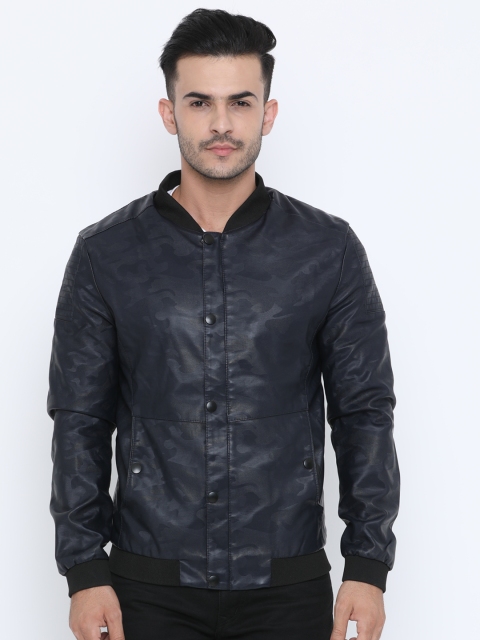 

SHOWOFF Men Navy Blue Solid Biker Jacket