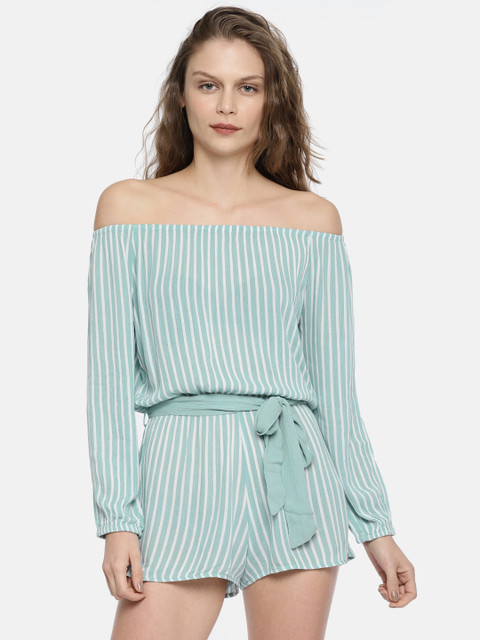 

FOREVER 21 Women Blue & Off-White Striped Playsuit