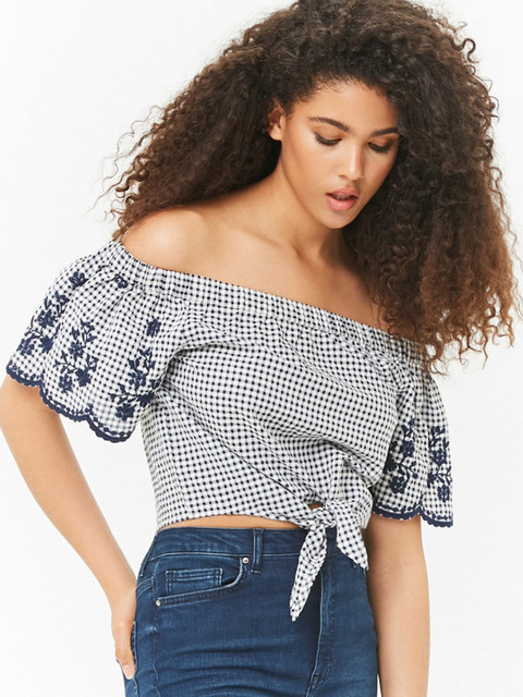 

FOREVER 21 Women Navy Blue & White Checked Bardot Top