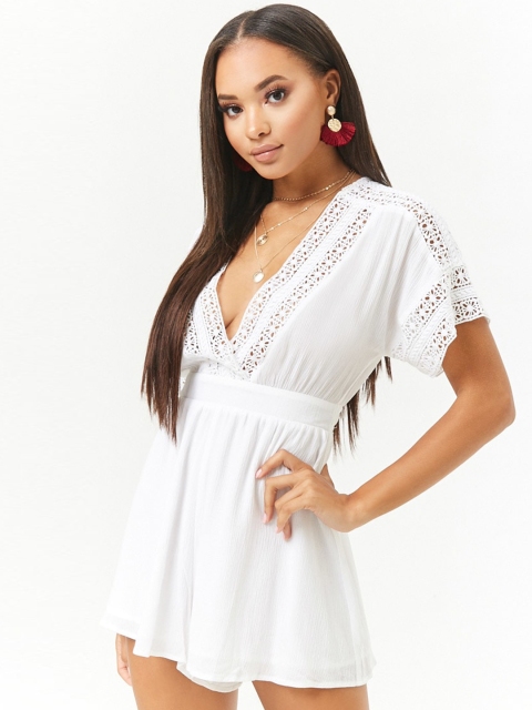 

FOREVER 21 White Solid Playsuit with Lace Detail