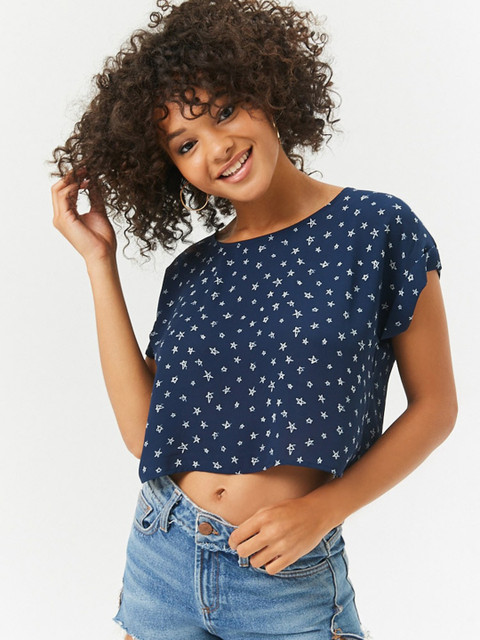 

FOREVER 21 Women Navy Blue Printed Boxy Top