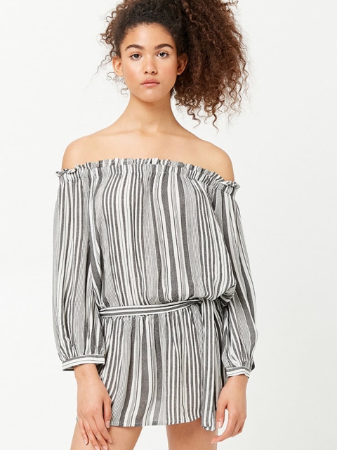 

FOREVER 21 Women Black and White Striped Blouson Dress