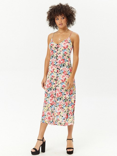 

FOREVER 21 Women Peach-Coloured & Green Printed A-Line Dress