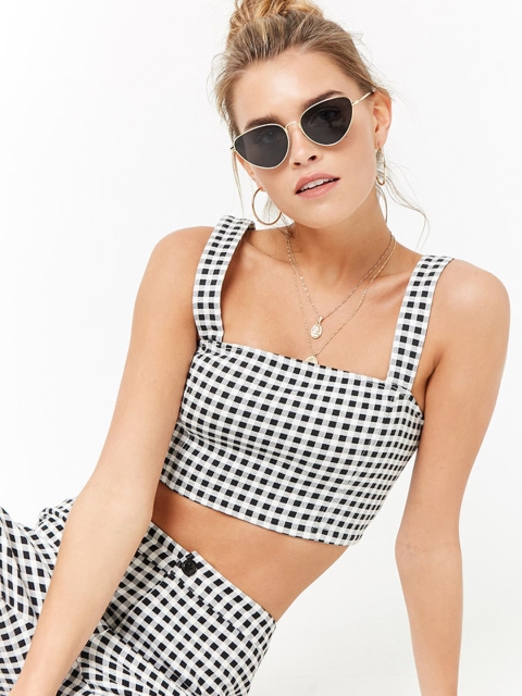 

FOREVER 21 Women White & Black Checked Crop Fitted Top