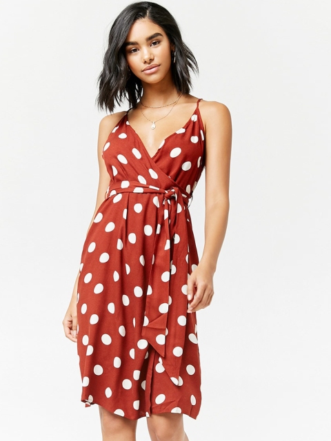 

FOREVER 21 Women Brown & White Printed Wrap Dress