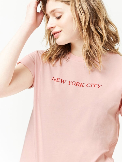 

FOREVER 21 Women Pink Printed Detail Round Neck T-shirt