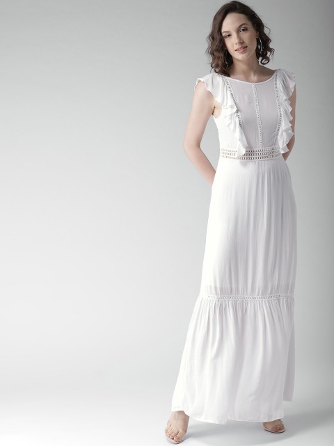 

FOREVER 21 Women White Solid Ruffled Maxi Dress