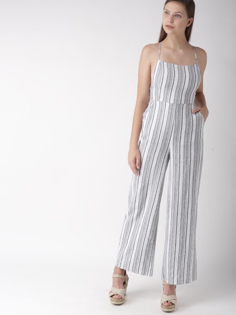 

FOREVER 21 Off-White & Black Striped Basic Jumpsuit