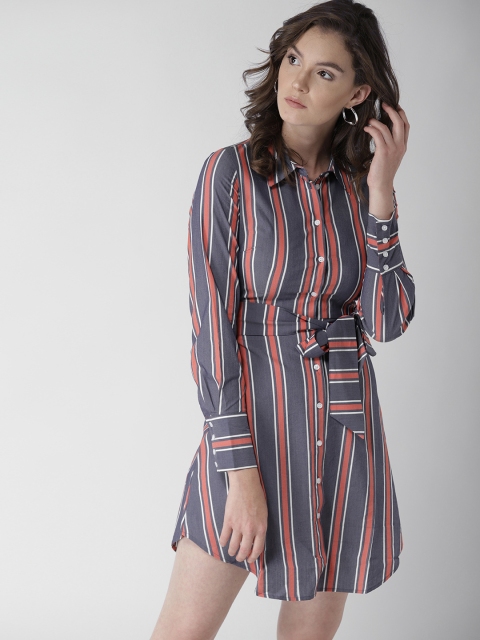 

FOREVER 21 Women Grey & Orange Striped Shirt Dress