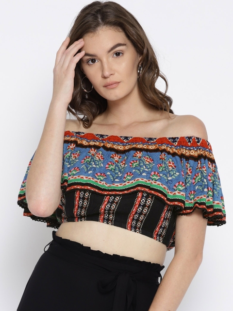 

FOREVER 21 Women Black & Blue Printed Crop Bardot Top