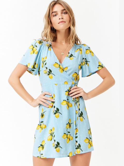 

FOREVER 21 Women Blue & Yellow Printed Wrap Dress