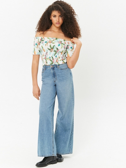 

FOREVER 21 Women White & Green Printed Bardot Top